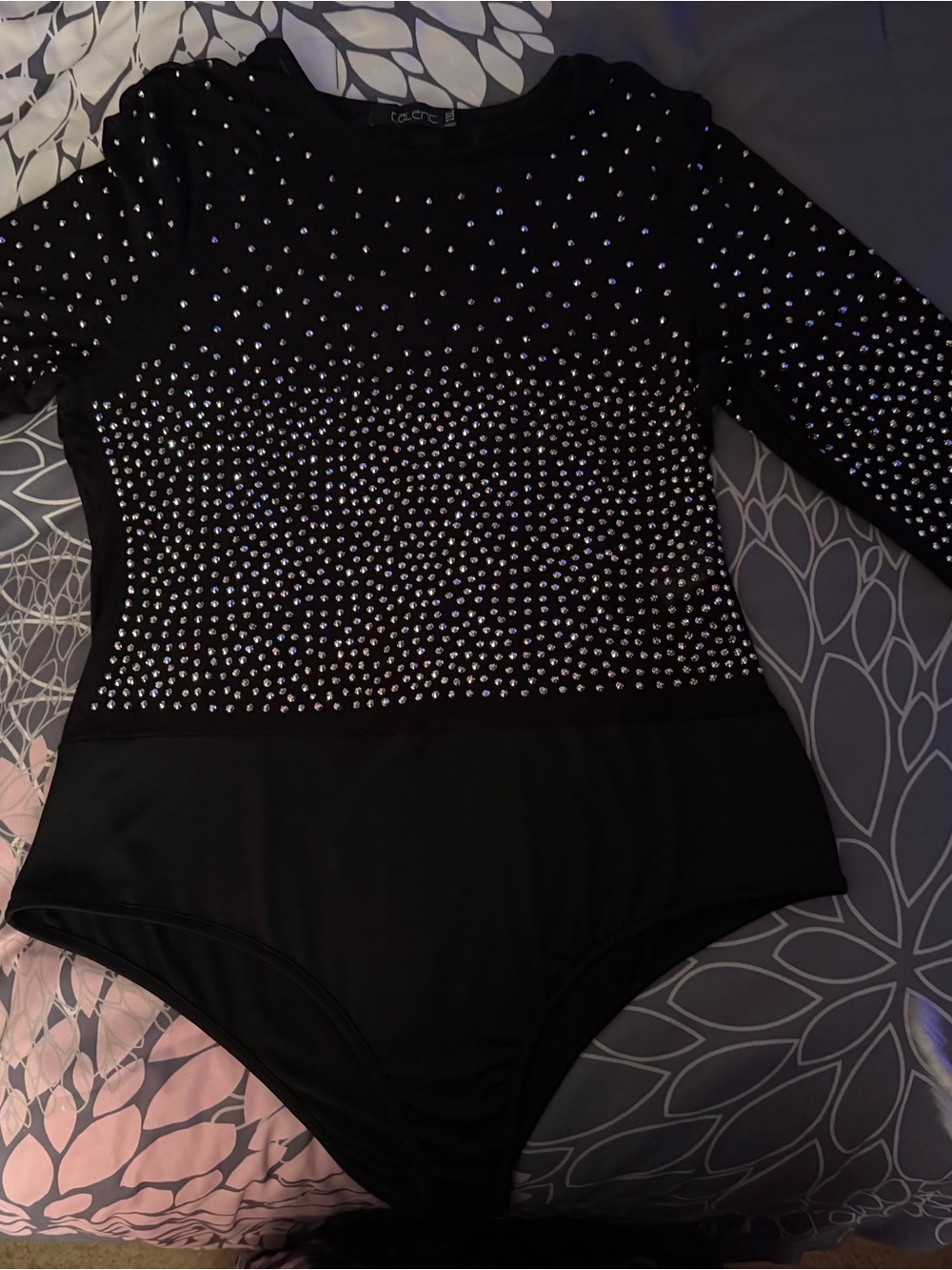Ashley Stewart Black Long-Sleeve Rhinestone Bodysuit